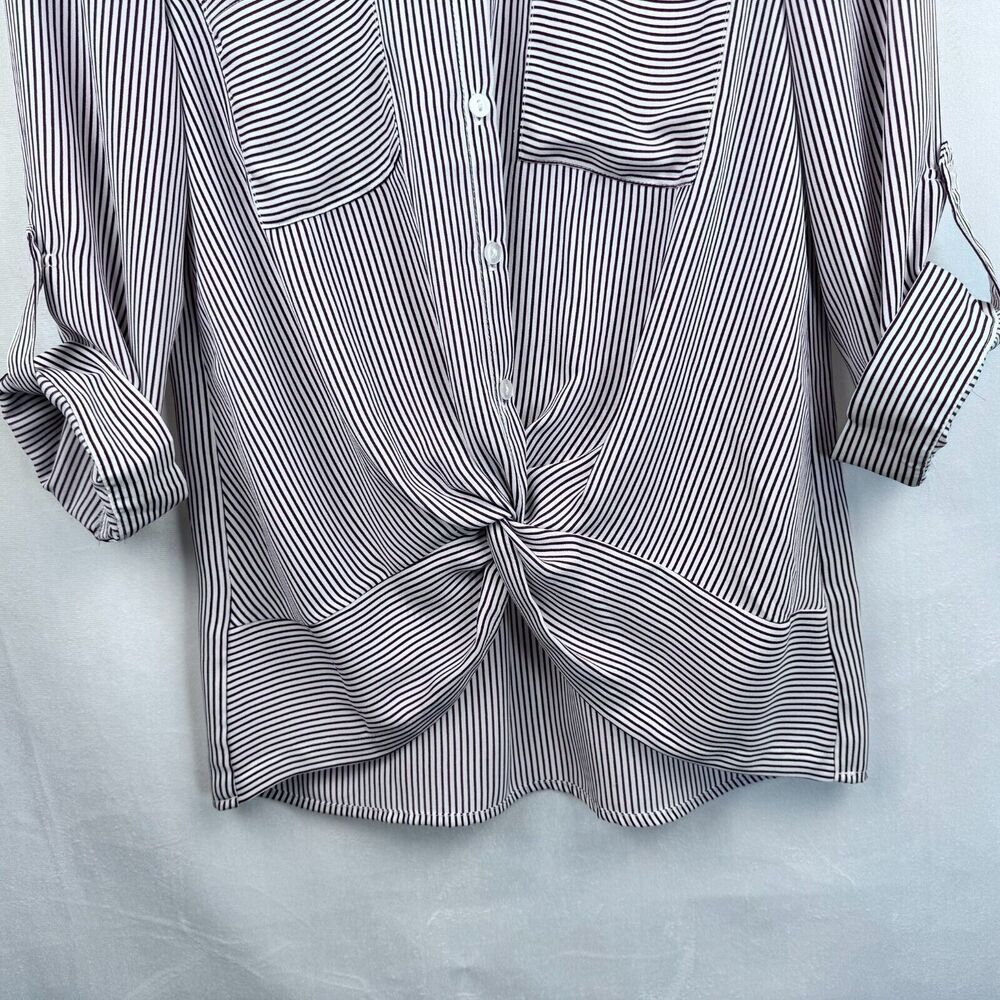 BCX Women Top XS Pink Burgundy Stripes Button Up  Twist Waist Roll Up 3/4 Sleeve