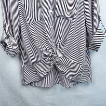 BCX Women Top XS Pink Burgundy Stripes Button Up  Twist Waist Roll Up 3/4 Sleeve