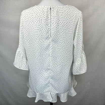 Sienna Sky Sz L Polka Dot Ruffle Hem Blouse Boat Neck 3/4 Flared Sleeve Career