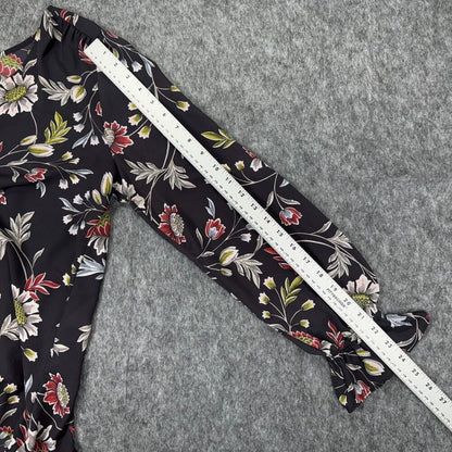 LOFT Women Blouse Sz M Charcoal Floral VNeck Long Sleeve Button Down Ruffle Cuff