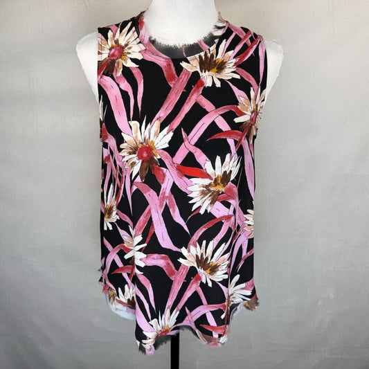 Who What Wear Ladies Top Sz S Black Floral Print Fringe Round Neckline and Hem
