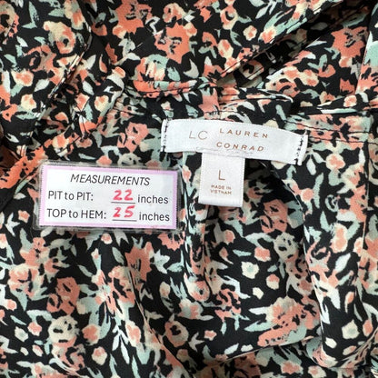 LC Lauren Conrad Top Women Sz L Black Multi Floral Pleated Round Neck Tie Back