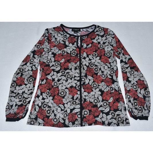 A long-sleeve button-front blouse with a black, red, and white floral pattern, laid flat on a light gray background.
