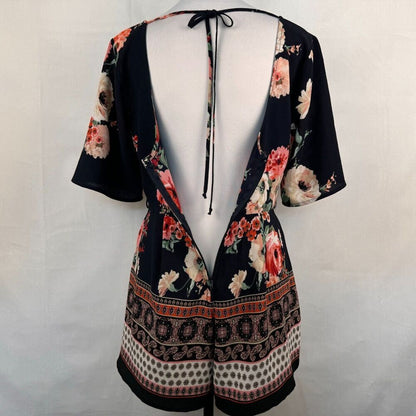 Trixxi Clothing Co Romper Sz S Black Navy Floral Ruffled Sleeve Surplice Wrap