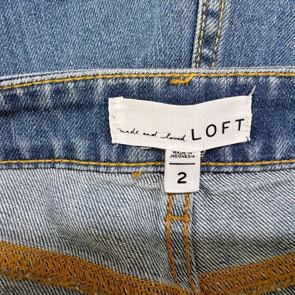 Loft Ladies Sz 2 Denim Frayed Skirt Blue Jean Light Wash Raw Hem Stretch