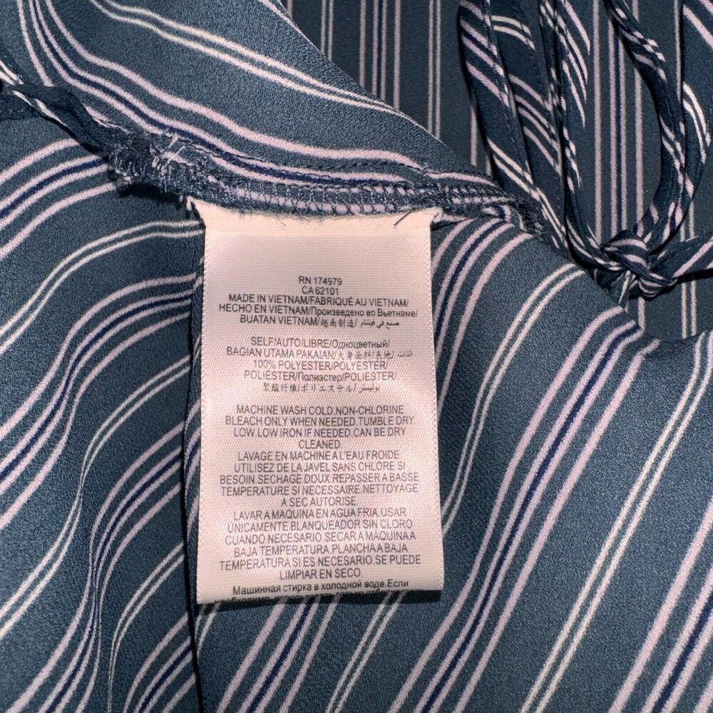 BCBG MaxAzria Blouse Sz S Midnight Teal Asymmetrical Wrap White Pink Stripes NWOT