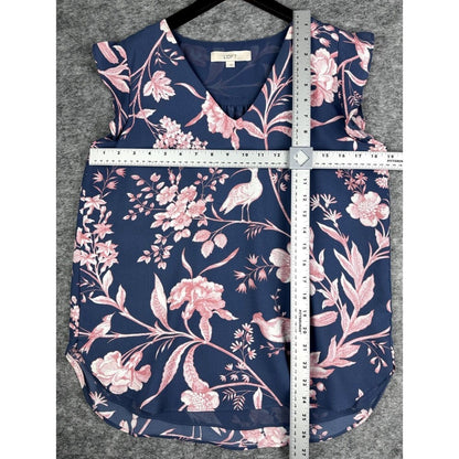 Loft Women Blue Top with Floral Pink Print Flutter Sleeve Size Small