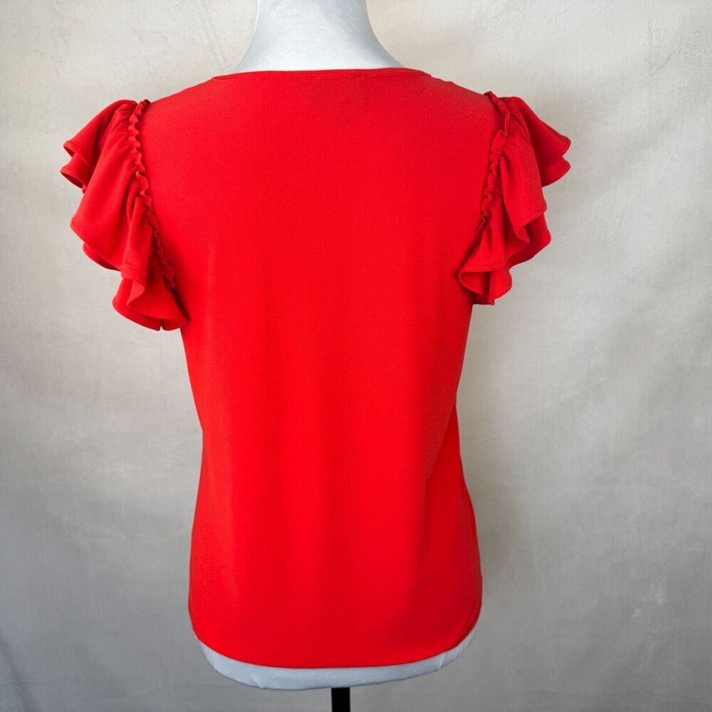 CeCe Women Sz XS Knit Red Blouse Crew Neck Double Ruffle Flutter Sleeve