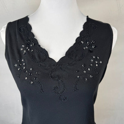Dressbarn Women Sz M Black Cotton Knit Sequined VNeck Beaded Sleeveless