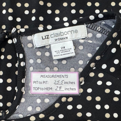 Liz Claiborne Top Sz 2X Black Beige White Polka Dot Long Sleeve Round Neckline