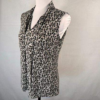 Blusa Tahari sin mangas, talla S, estampado animal, cuello en V, con lazo al frente