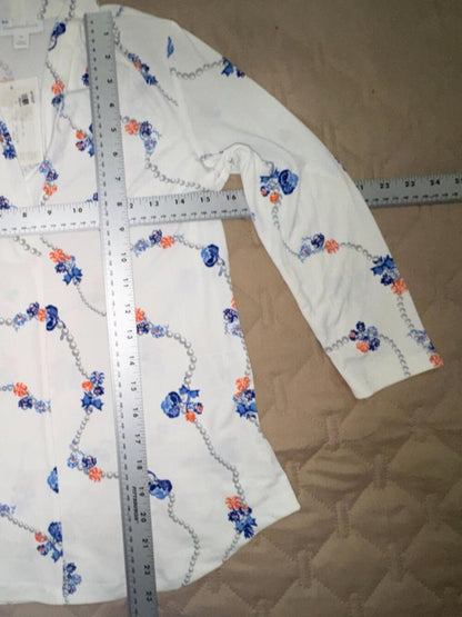 Charter Club White Blouse with Floral in Blue and Orange