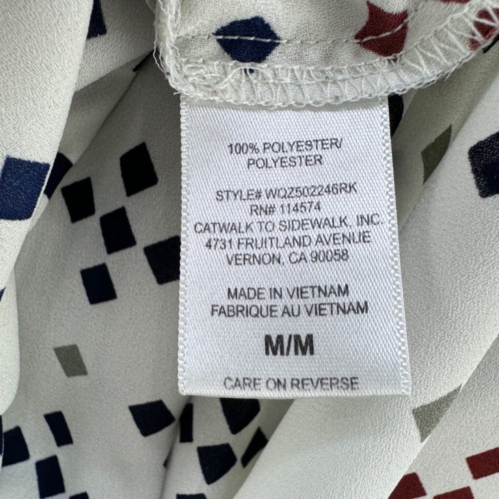 Pleione Top Women Sz M Cream blue red gray squares cap sleeves pleated back