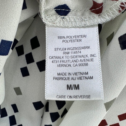 Pleione Top Women Sz M Cream blue red gray squares cap sleeves pleated back