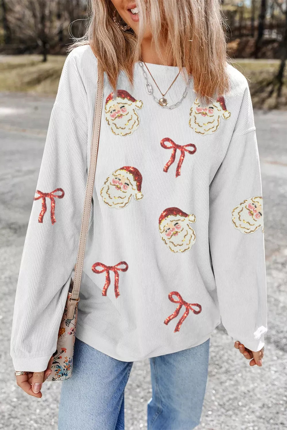 Simply Love Women's Christmas Santa & Red Bow Sequin Sweatshirt