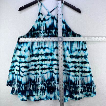 Decree Blouse Women Sz L 2 layers Blue Black Teal and White tie die halter