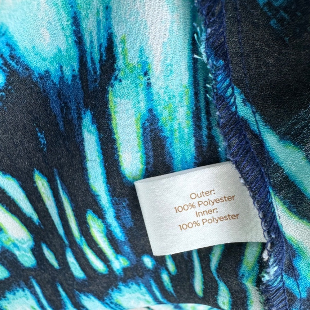 Decree Blouse Women Sz L 2 layers Blue Black Teal and White tie die halter