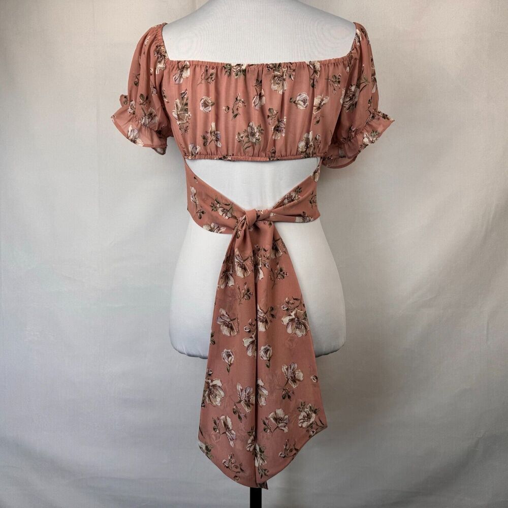 Papermoon Crop Top Sz S Pink Floral Back Tie Puff Sleeve Sweetheart neckline