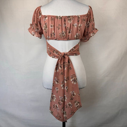 Papermoon Crop Top Sz S Pink Floral Back Tie Puff Sleeve Sweetheart neckline
