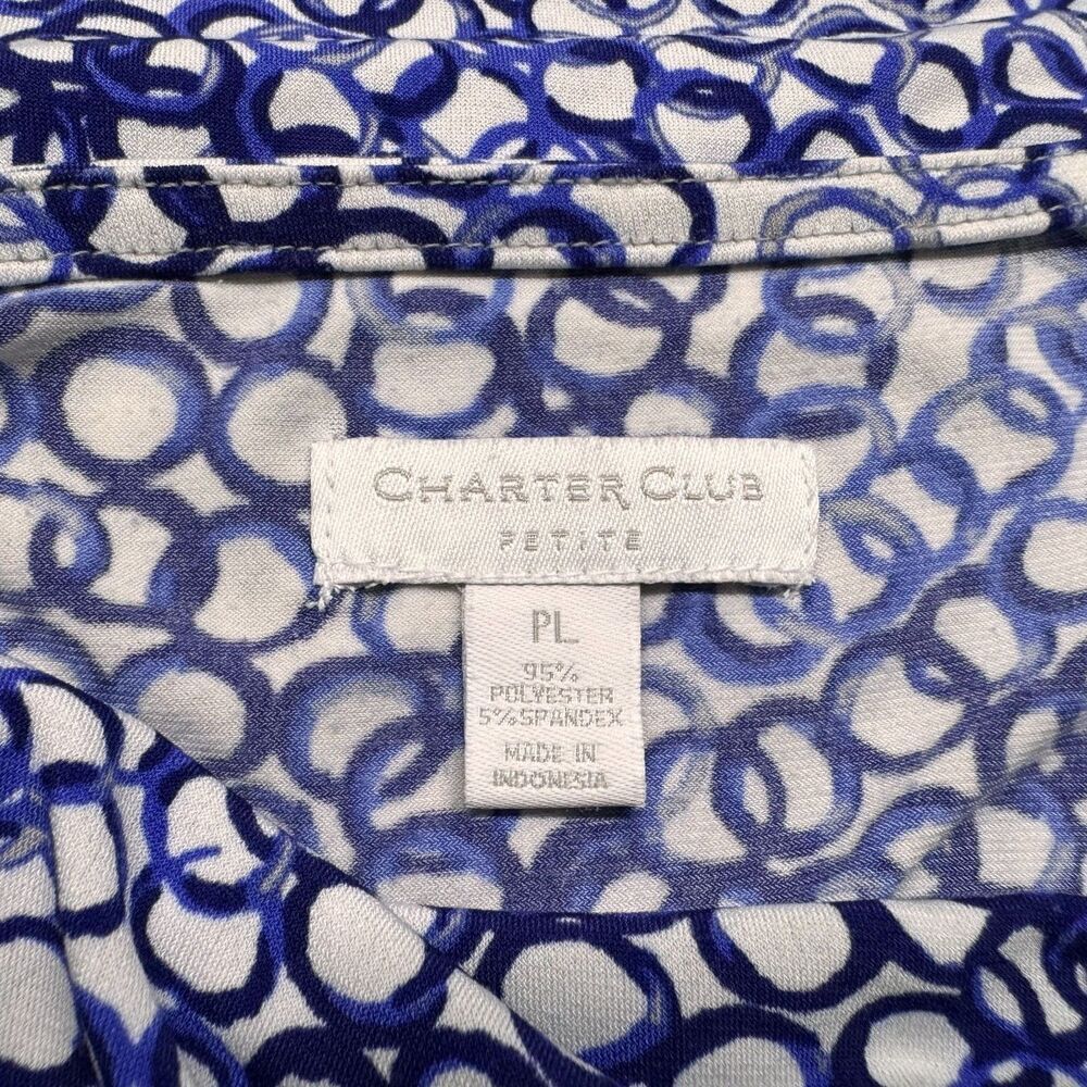 Charter Club Ladies Top Sz PL White blue circles Cowl Drape Neck sleeveless