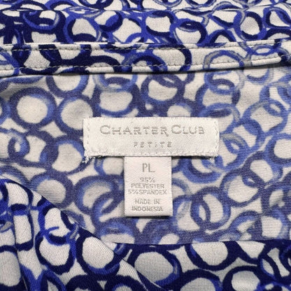Charter Club Ladies Top Sz PL White blue circles Cowl Drape Neck sleeveless