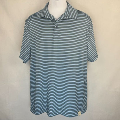 A short-sleeve polo shirt with thin horizontal blue and white stripes, displayed on a white mannequin torso against a light beige fabric backdrop.