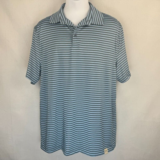 A short-sleeve polo shirt with thin horizontal blue and white stripes, displayed on a white mannequin torso against a light beige fabric backdrop.