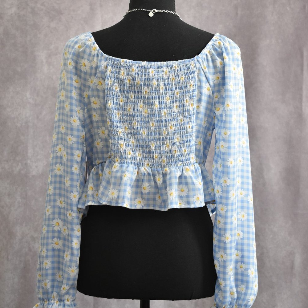 Crave Fame Blouse Women Sz L Style Peri Combo Light Blue Plaid Floral NWT