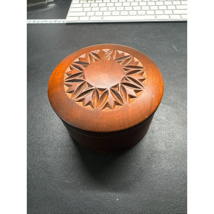Carved Wood Trinket Lid Jewelry Box Brown 4.5" Diameter Made in Poland