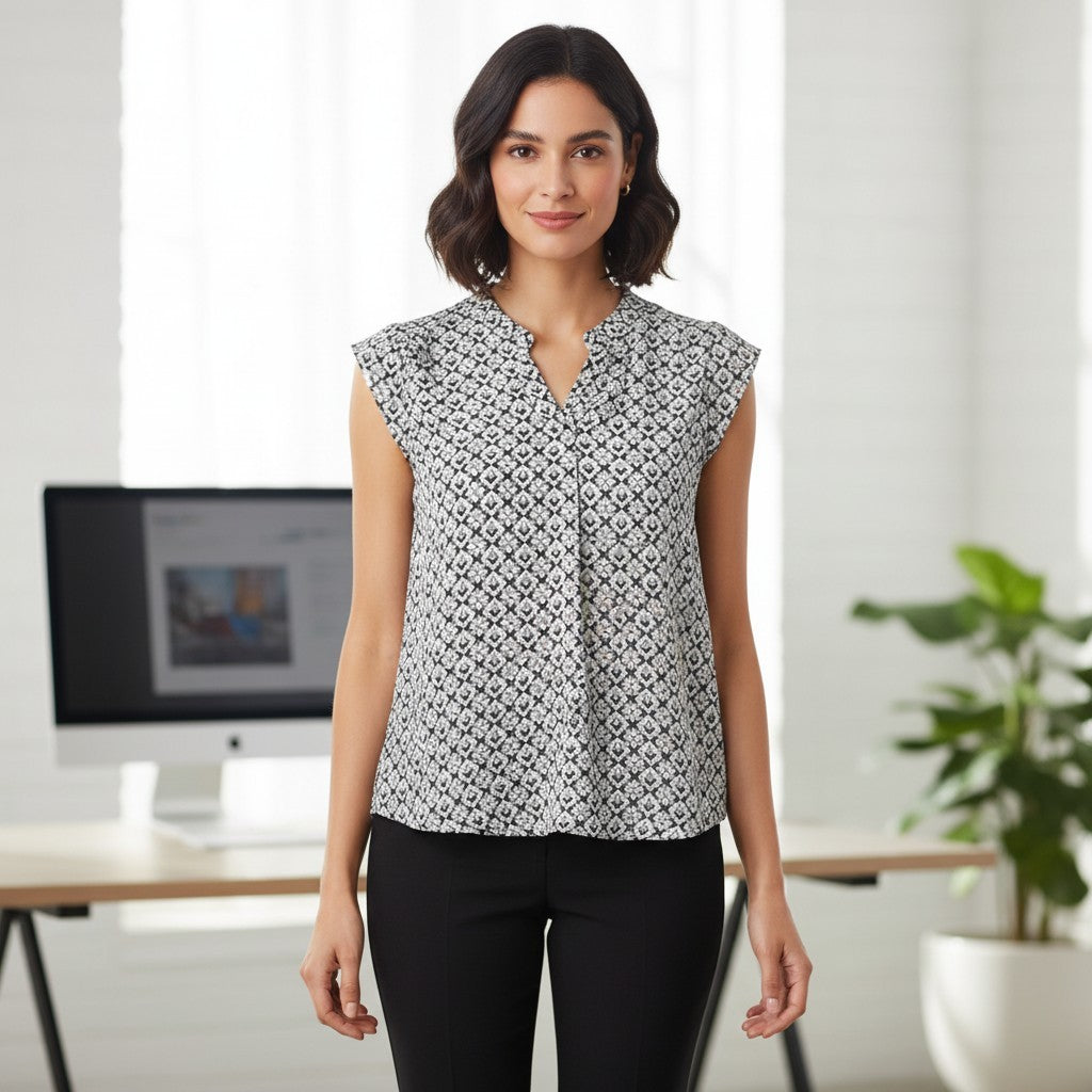 A woman modeling a sleeveless black and white geometric pattern blouse in an office setting.