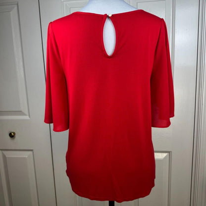 LOFT Women Blouse Sz S Red Sheer Front Boat Neck Short Tulip Sleeve Back Knit