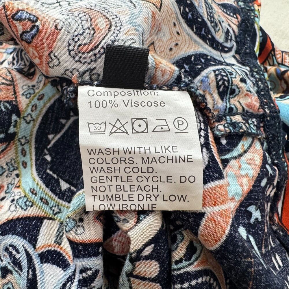 Angashion Top Sz M Black Multicolor Print Flutter Raglan Sleeve Split Neck Tie