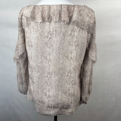 Banana Republic Women Sz S Tan Snake Skin Print Long Sleeve Ruffle Boat Neck