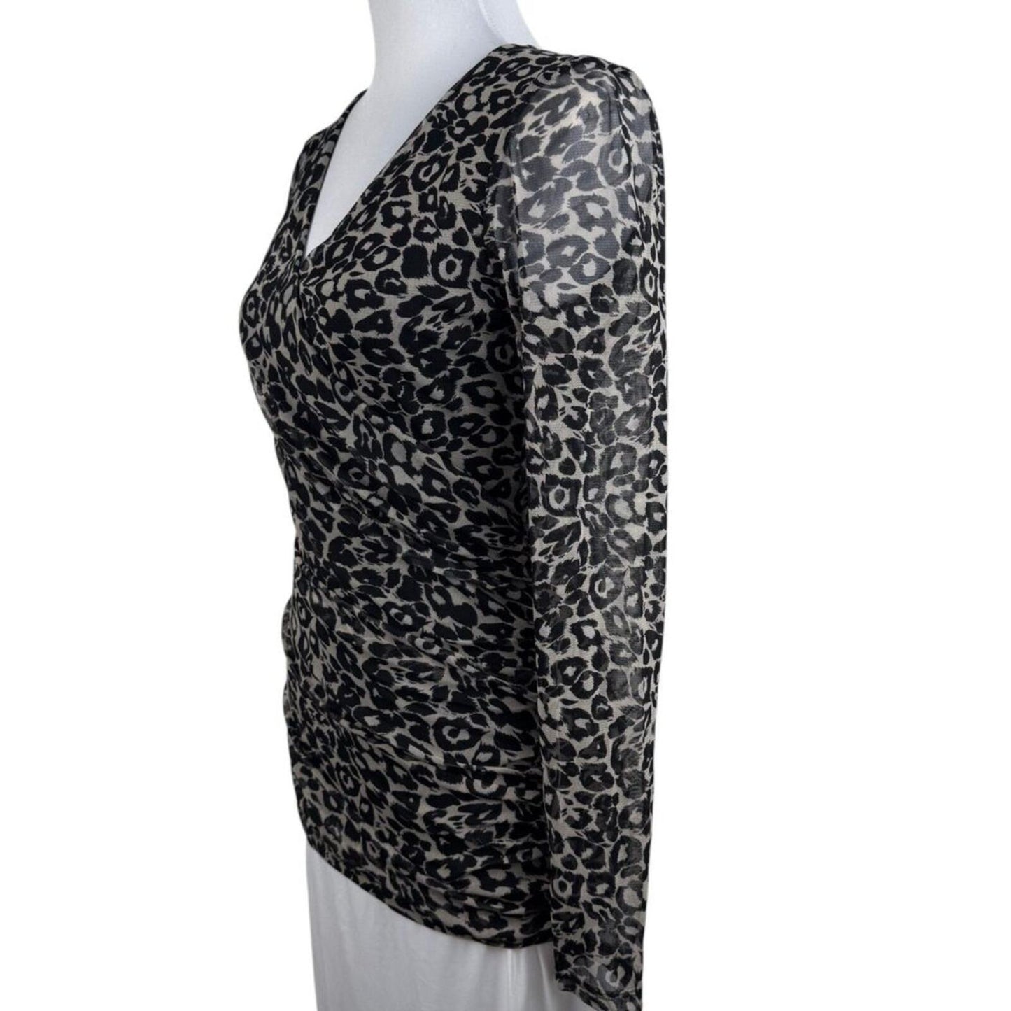 INC International Concepts Women M Top Ruched Mesh Animal Print Faux Wrap Neck