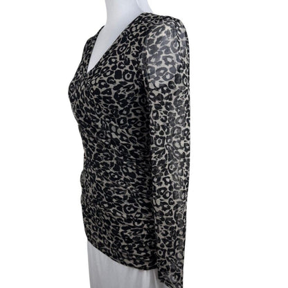INC International Concepts Women M Top Ruched Mesh Animal Print Faux Wrap Neck
