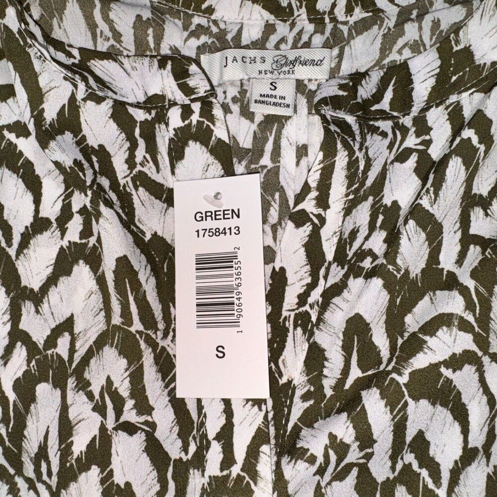 Jachs Girlfriend Blouse Sz S Notch V-Neck hidden button 3/4 sleeve green print