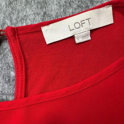 LOFT Women Blouse Sz S Red Sheer Front Boat Neck Short Tulip Sleeve Back Knit