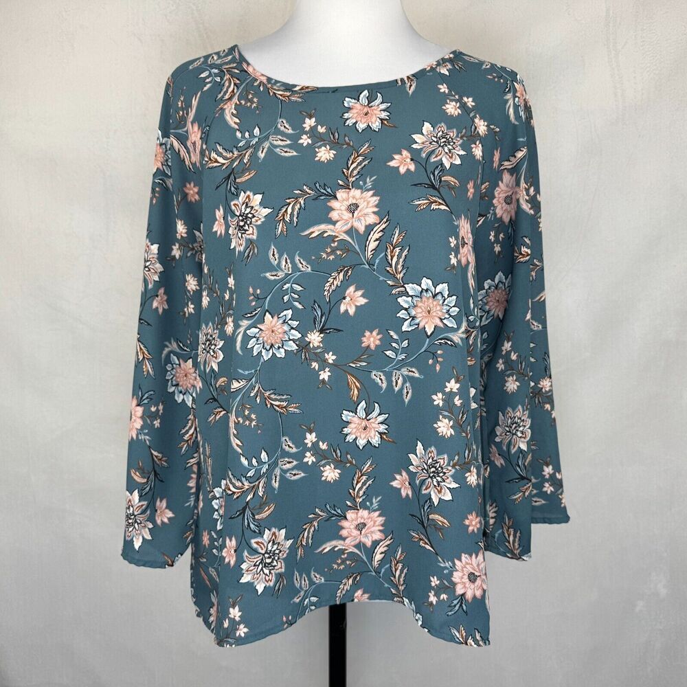 Papermoon Top Sz L Teal Floral Print Raglan Long Sleeve Back Zipper Boat Neck