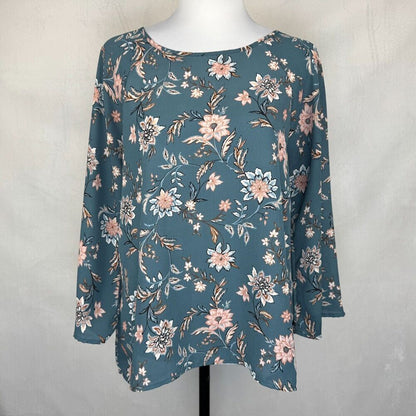 Papermoon Top Sz L Teal Floral Print Raglan Long Sleeve Back Zipper Boat Neck