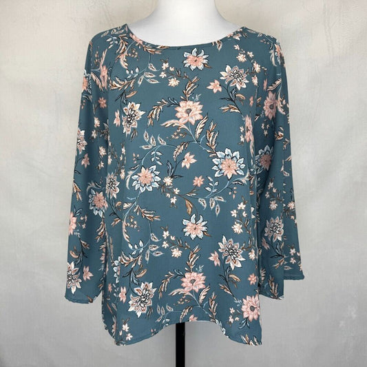 Papermoon Top Sz L Teal Floral Print Raglan Long Sleeve Back Zipper Boat Neck