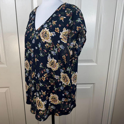 Halogen Blouse Sz XL Navy Blue Floral Print V-Neck Cap Sleeve Back Strap