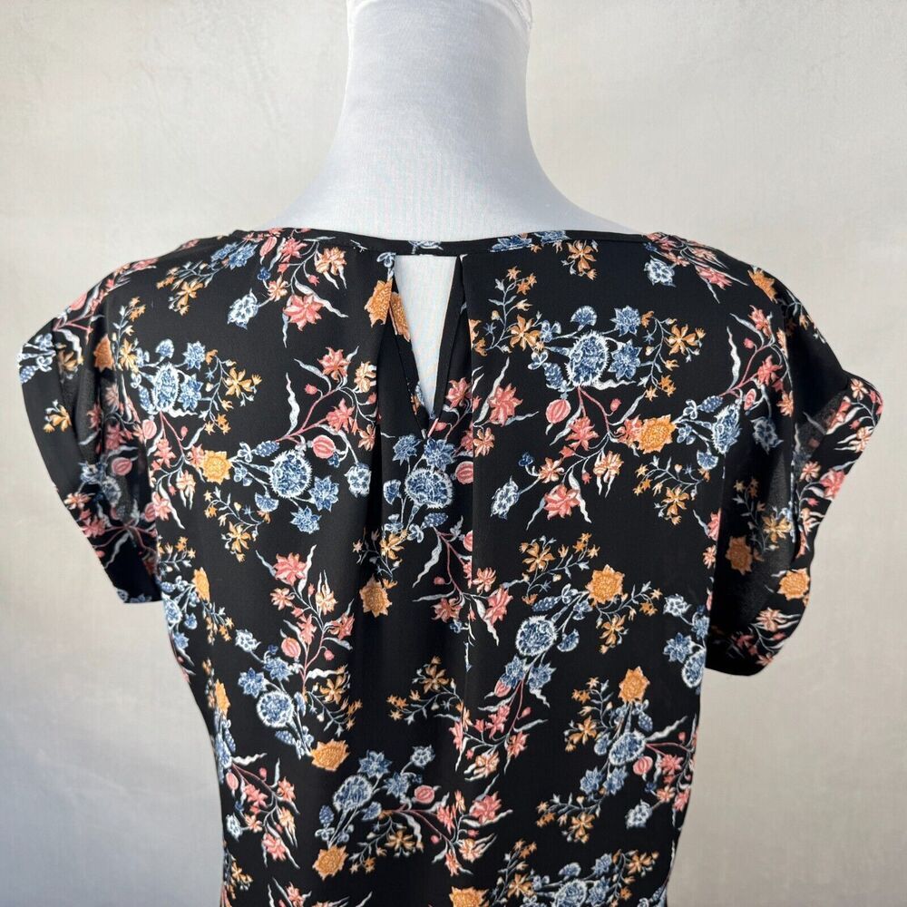 Pink Rose Women Blouse Sz M Sheer Black Floral Print Cap Sleeve Lightweight
