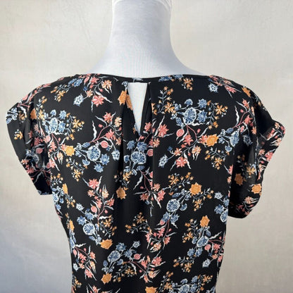 Pink Rose Women Blouse Sz M Sheer Black Floral Print Cap Sleeve Lightweight
