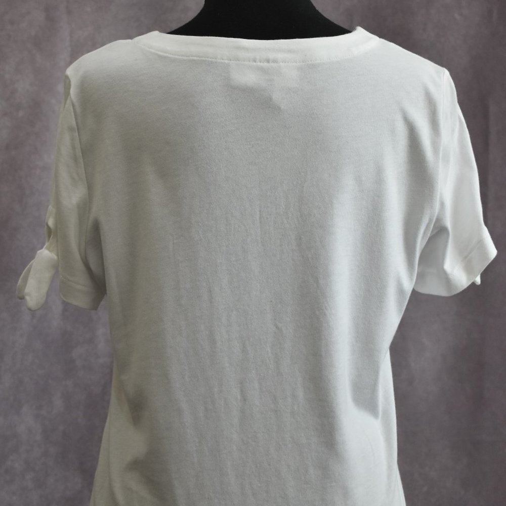Karen Scott Women Top Sz S White Metallic Beads Tied Short Sleeves NWT