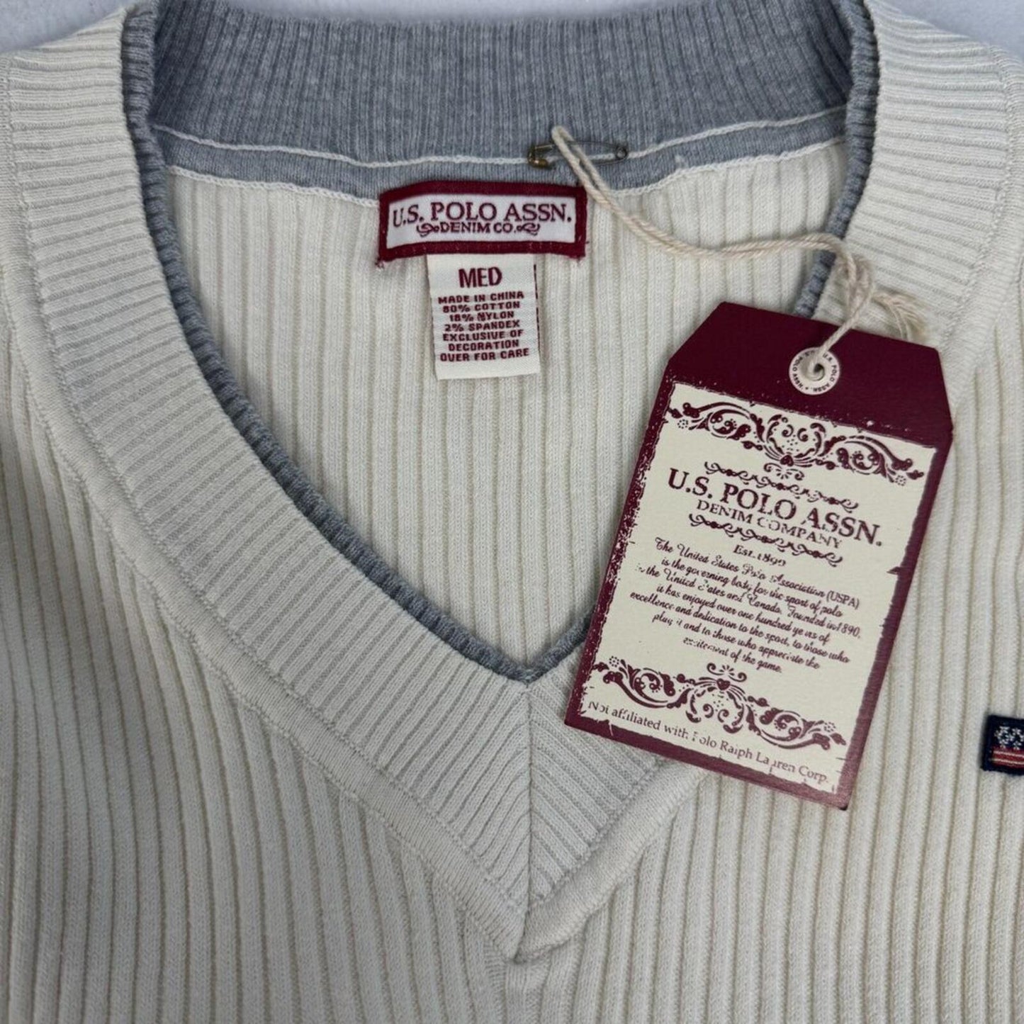 U.S. Polo Assn Women Medium Ribbed V Neck Sweater Cream Long Sleeve NWT