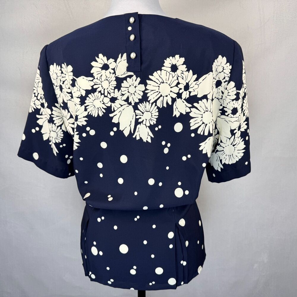 Laura & Jayne Vintage Blouse Sz 10 Blue White Flowers Polka Dots Pleated