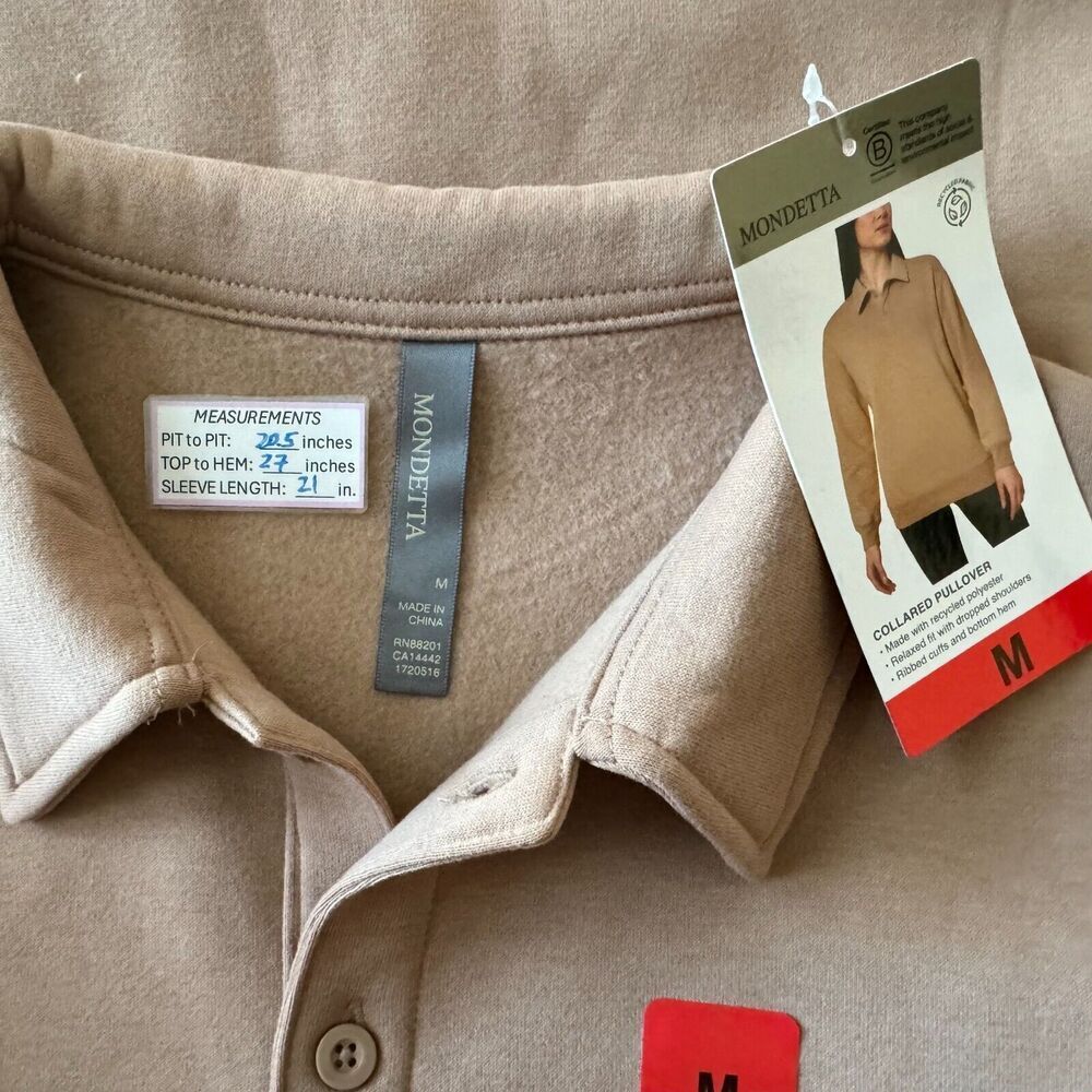Mondetta Ladies Sz M Beige Pullover Collared Long Sleeve Fleece