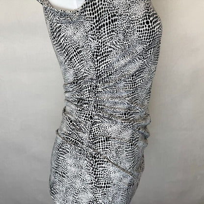 Vince Camuto Top Sz S VNeck Sleeveless White Black Print Pullover Side Ruching