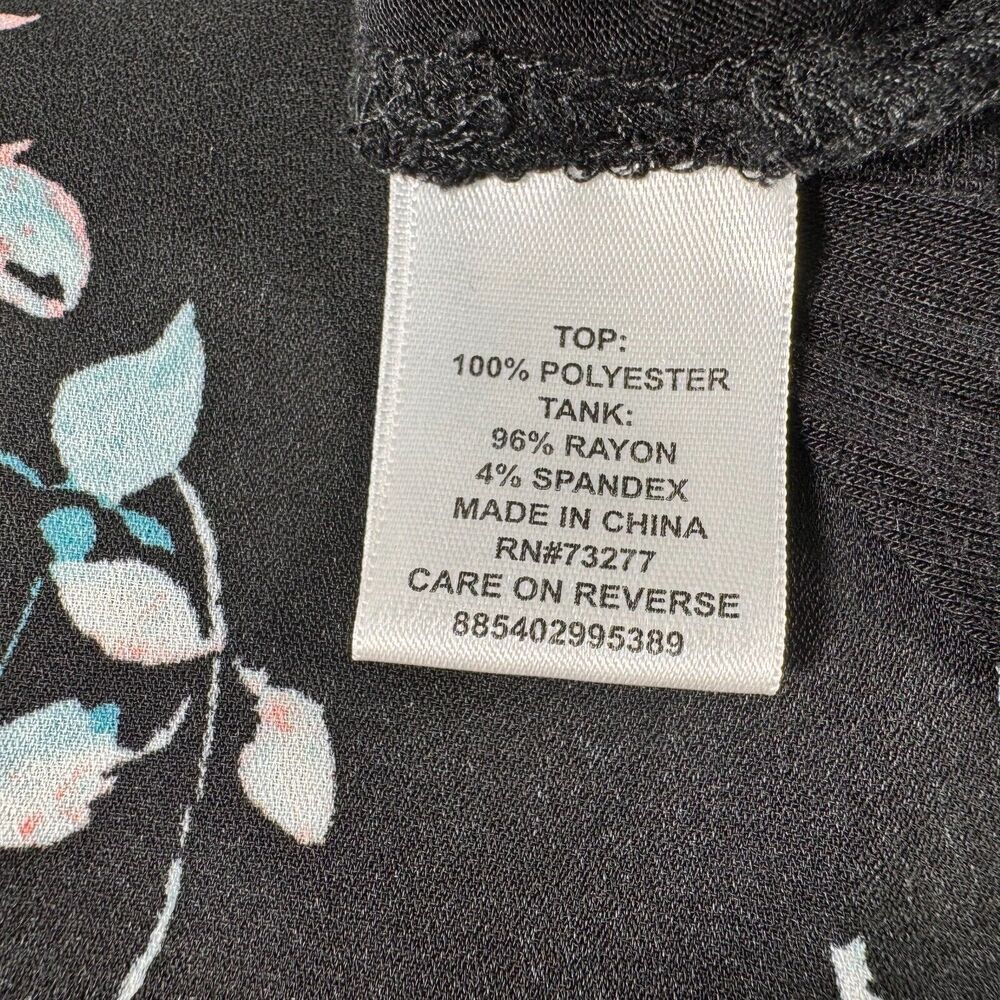 Elle Ladies Top Sz M Solid black under Tank Floral Bat Wing Sleeve top
