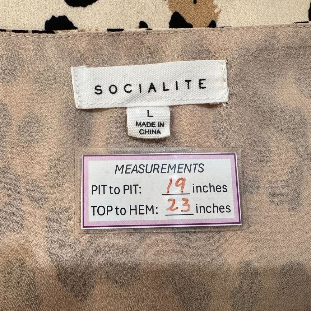 Socialite Tank Cami Sz L Beige V Neck Animal Print Lace Trim Spaghetti Straps